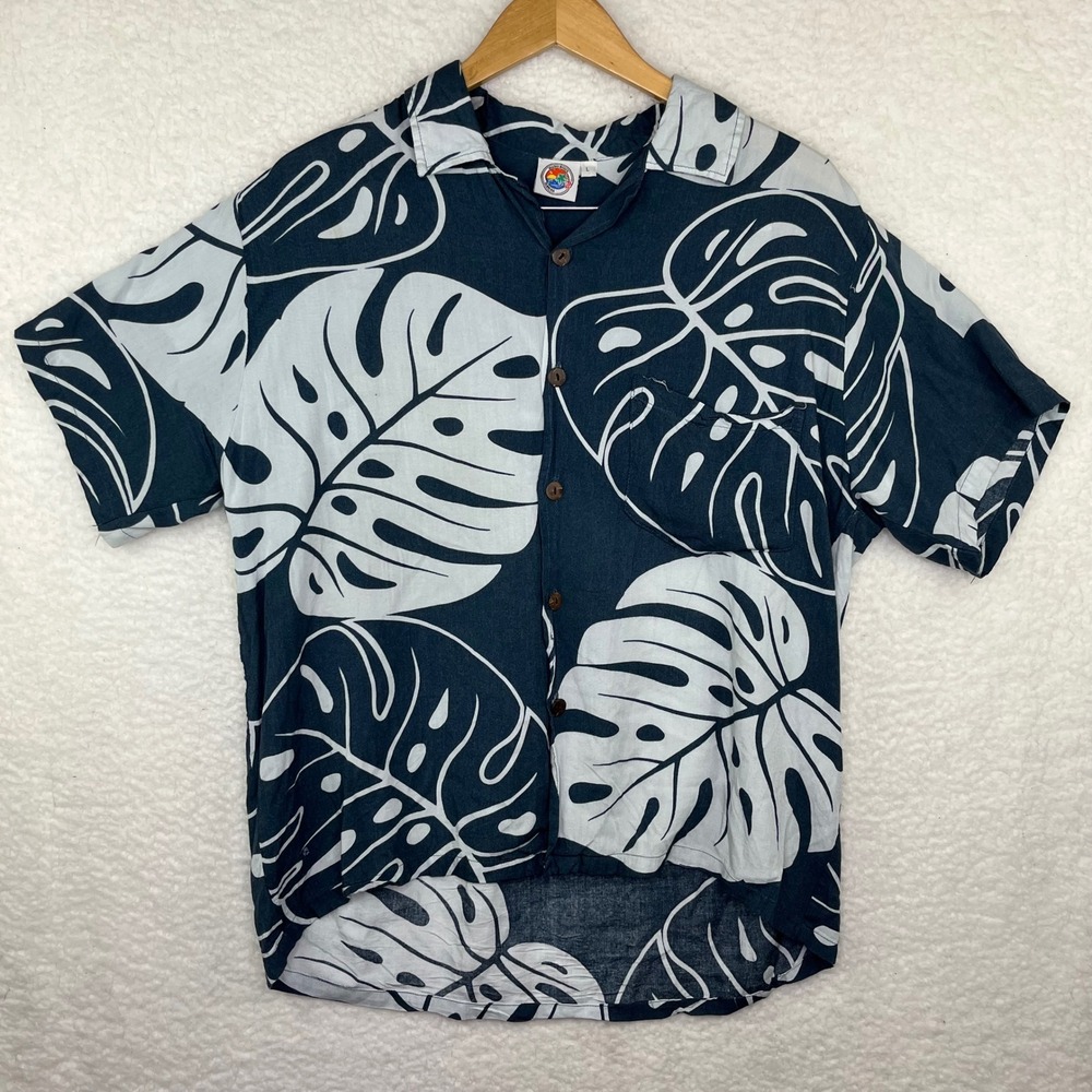 Makai Beach Hawaii Mens Large Navy Blue White Monstera Leaf Aloha Camp Shirt